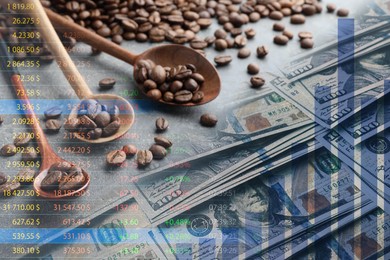 Image of Coffee price rising. Dollars, roasted coffee beans, graph and stock data. Double exposure