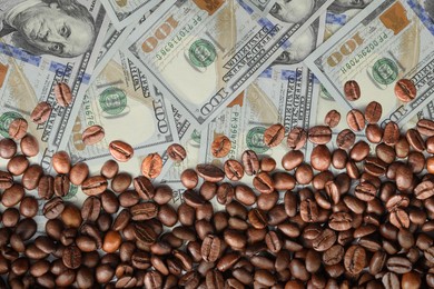 Image of Coffee price rising. Dollars and roasted coffee beans