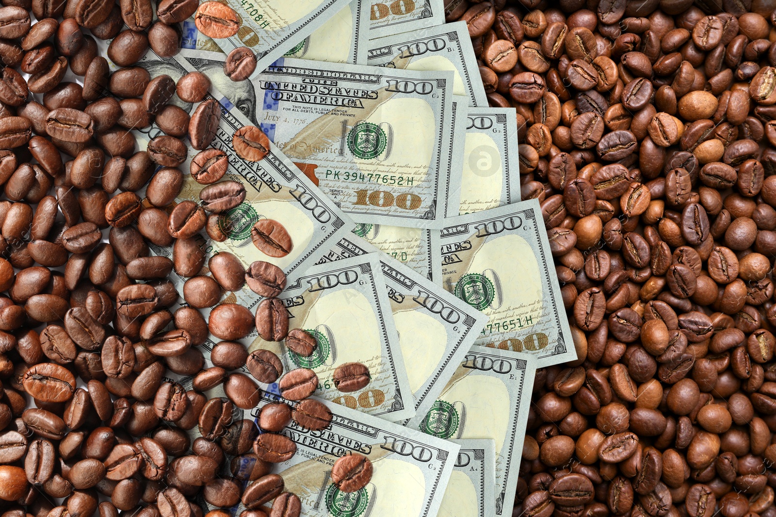 Image of Coffee price rising. Dollars and roasted coffee beans