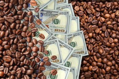Image of Coffee price rising. Dollars and roasted coffee beans