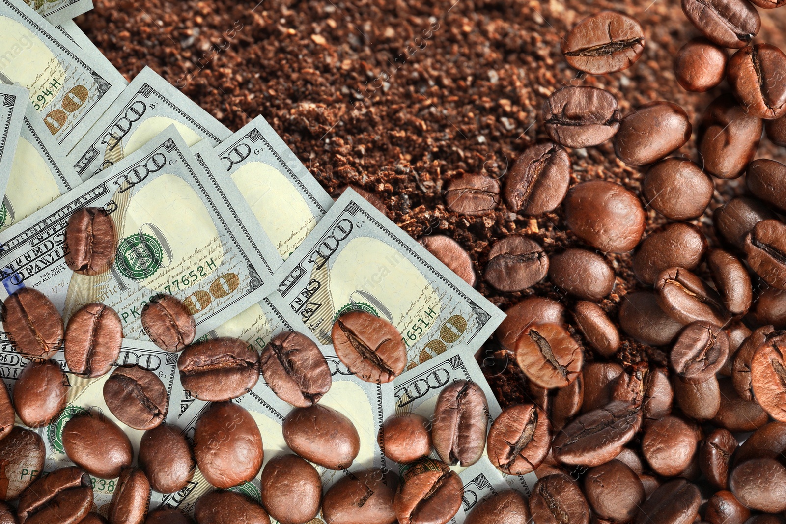 Coffee price rising. Dollars, roasted coffee beans and grounds Image of Coffee price rising. Dollars, roasted coffee beans and grounds