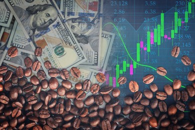 Image of Coffee price rising. Dollars, roasted coffee beans, graph and stock data. Double exposure