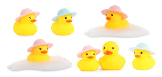 Image of Cute rubber ducks on white background, collage