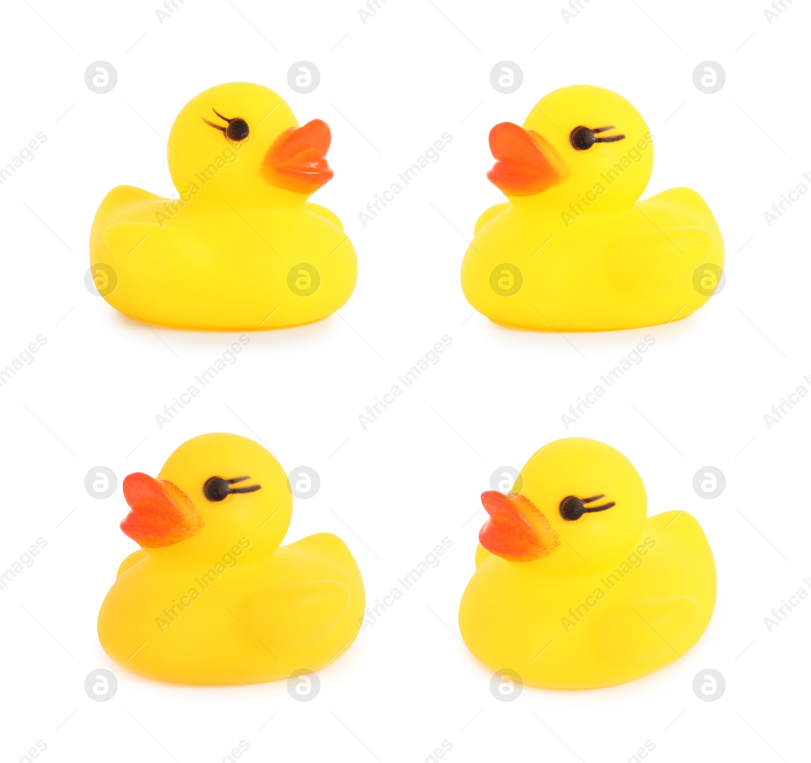 Cute rubber ducks on white background, collage Image of Cute rubber ducks on white background, collage