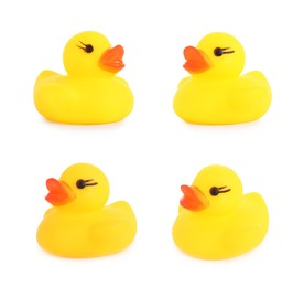 Image of Cute rubber ducks on white background, collage