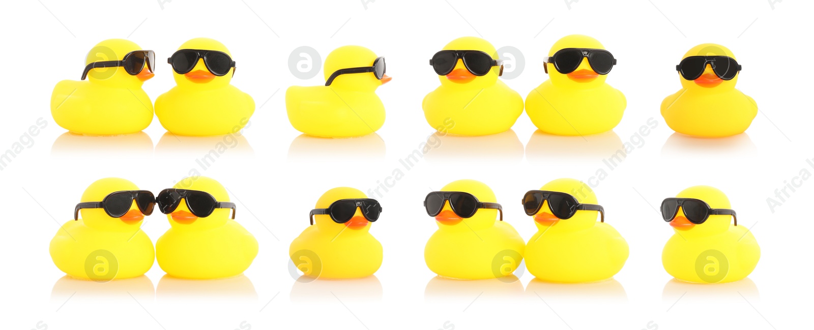 Cute rubber ducks with sunglasses on white background, collage Image of Cute rubber ducks with sunglasses on white background, collage