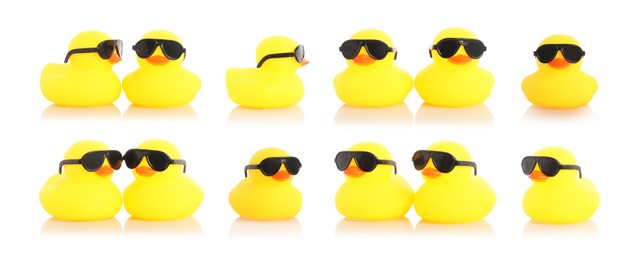 Image of Cute rubber ducks with sunglasses on white background, collage