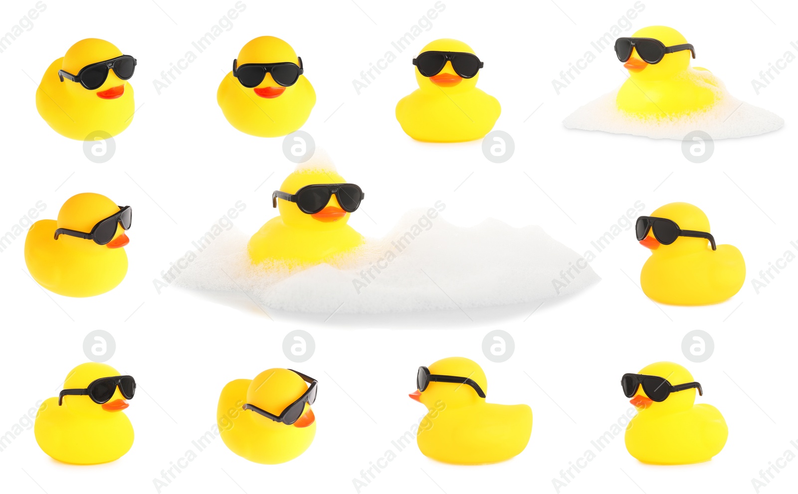 Cute rubber ducks with sunglasses on white background, collage Image of Cute rubber ducks with sunglasses on white background, collage