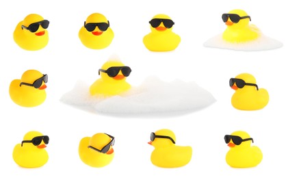 Image of Cute rubber ducks with sunglasses on white background, collage