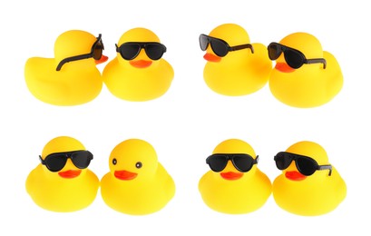 Image of Cute rubber ducks on white background, collage