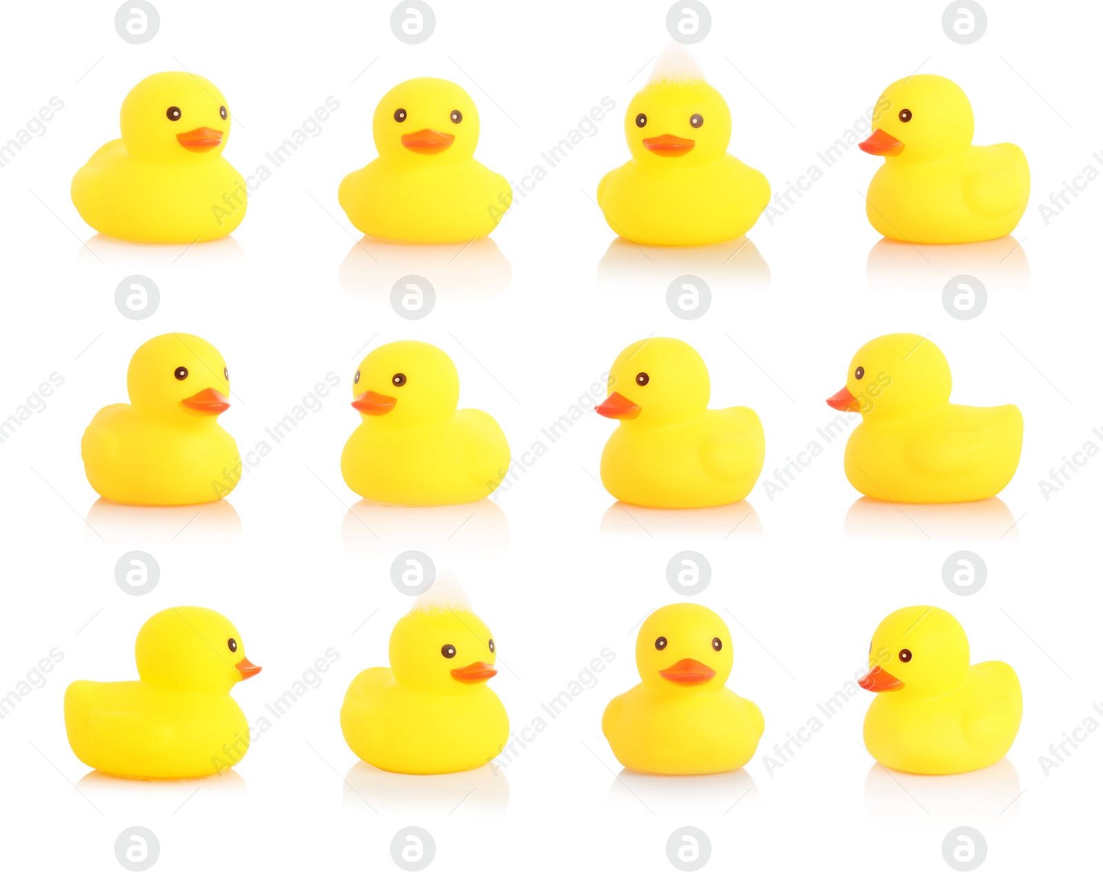 Cute rubber ducks on white background, collage Image of Cute rubber ducks on white background, collage