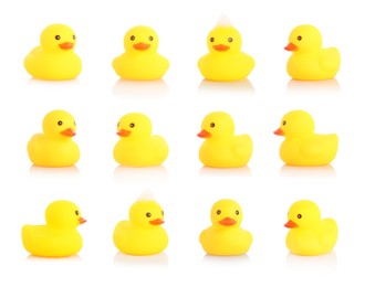 Image of Cute rubber ducks on white background, collage