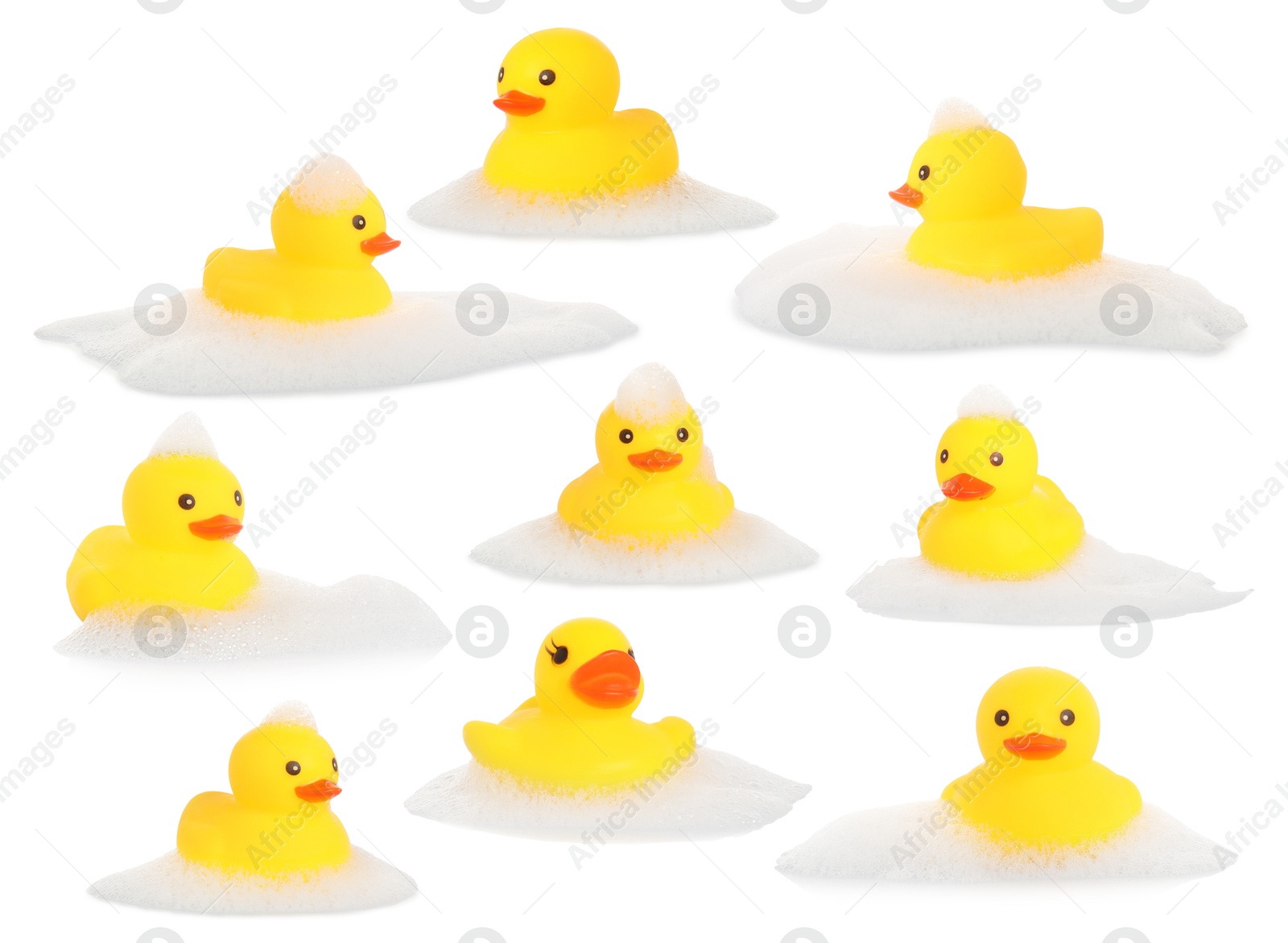 Image of Cute rubber ducks on white background, collage