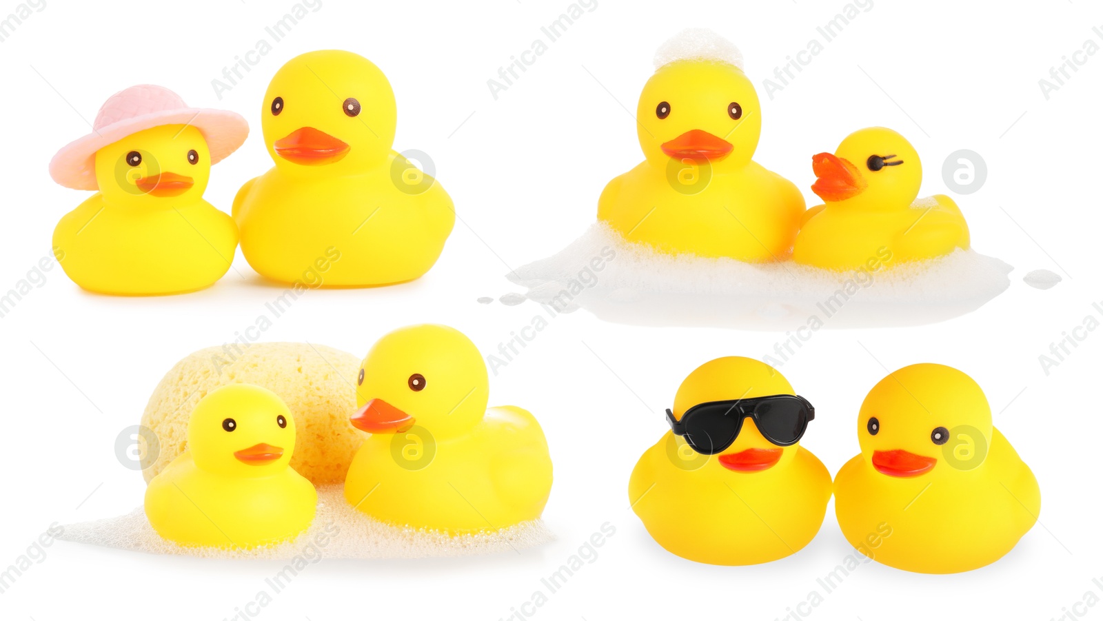 Cute rubber ducks on white background, collage Image of Cute rubber ducks on white background, collage