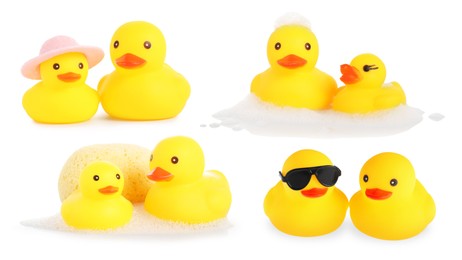 Image of Cute rubber ducks on white background, collage