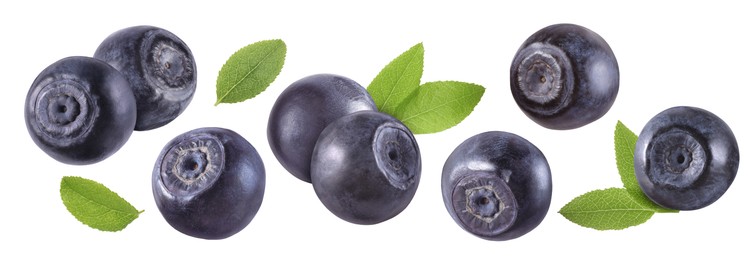 Image of Fresh bilberries and green leaves isolated on white, set