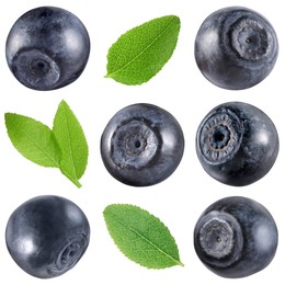 Image of Fresh bilberries and green leaves isolated on white, set