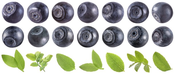 Image of Fresh bilberries and green leaves isolated on white, set