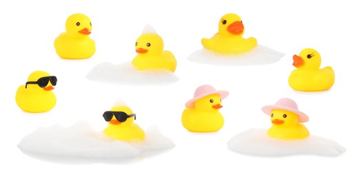 Image of Cute rubber ducks on white background, collage