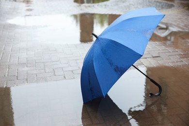 Photo of Blue umbrella on wet asphalt outdoors, space for text