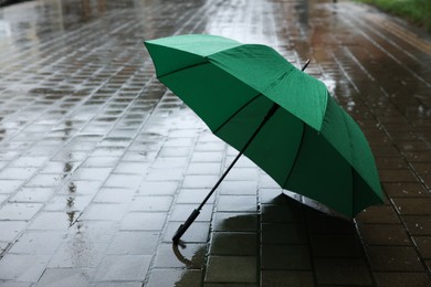 Photo of Green umbrella on wet asphalt outdoors, space for text