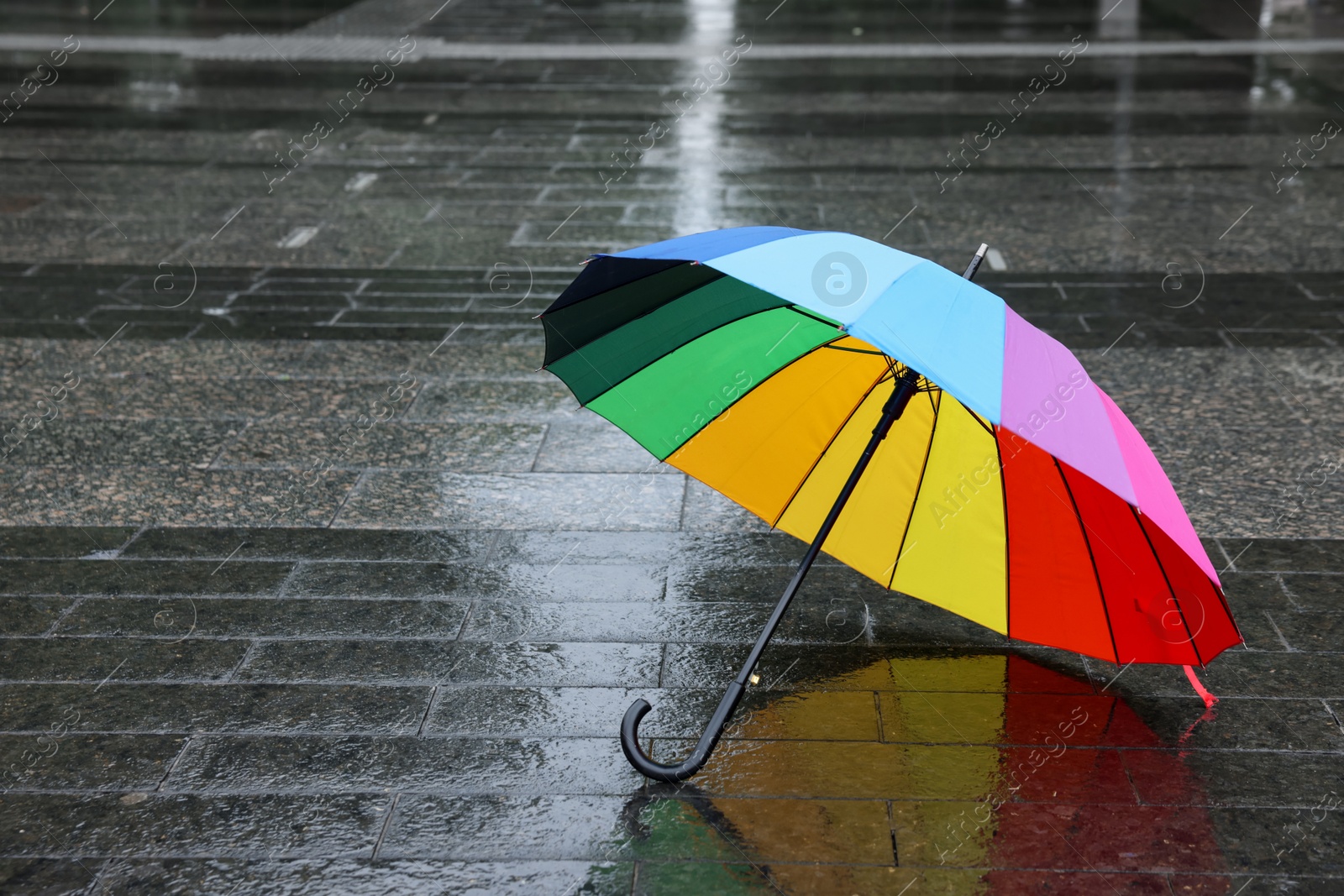 Colorful umbrella on wet asphalt outdoors, space for text Photo of Colorful umbrella on wet asphalt outdoors, space for text