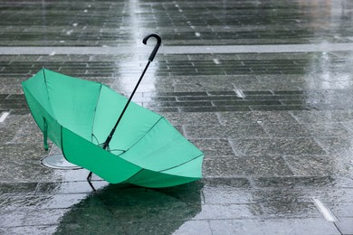 Photo of Green umbrella on wet asphalt outdoors, space for text