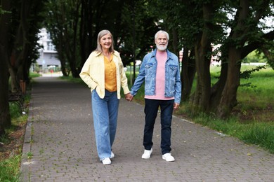 Photo of Lovely senior couple walking together in park