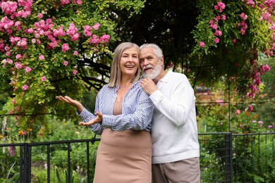 Photo of Lovely senior couple near bush of pink roses outdoors