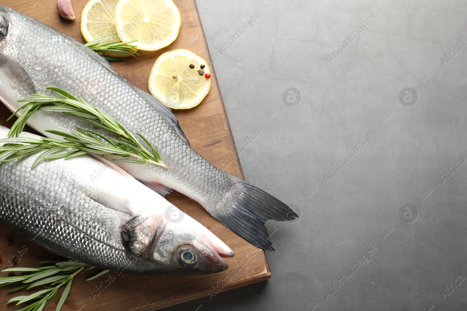 Fresh raw seabass fish with spices on grey table, top view and space for text. Seafood delicacies Photo of Fresh raw seabass fish with spices on grey table, top view and space for text. Seafood delicacies