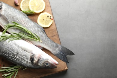 Photo of Fresh raw seabass fish with spices on grey table, top view and space for text. Seafood delicacies
