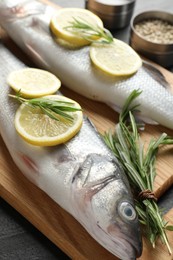 Photo of Fresh raw seabass with spices on black table, closeup. Fish and seafood delicacies