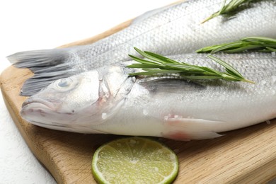Photo of Fresh raw seabass with spices on white table, closeup. Fish and seafood delicacies