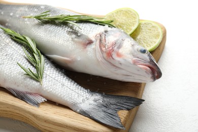 Photo of Fresh raw seabass with spices on white table, closeup. Fish and seafood delicacies