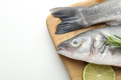 Photo of Fresh raw seabass fish with spices on white table, top view and space for text. Seafood delicacies