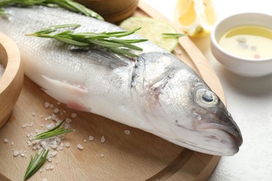Photo of Fresh raw seabass with spices on white table, closeup. Fish and seafood delicacies
