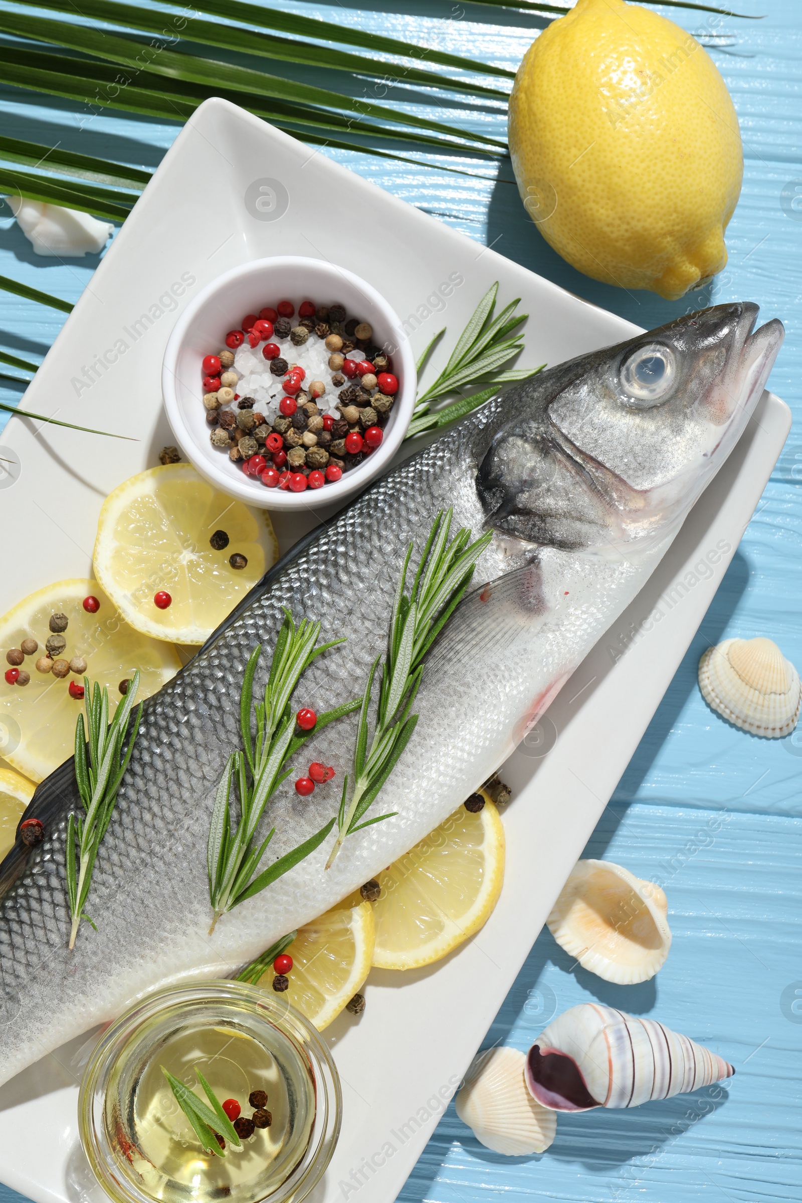 Fresh raw seabass with spices on blue wooden table, flat lay. Fish and seafood delicacies Photo of Fresh raw seabass with spices on blue wooden table, flat lay. Fish and seafood delicacies