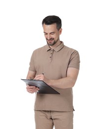 Photo of Professional psychologist with clipboard on white background