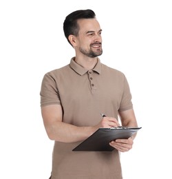 Photo of Professional psychologist with clipboard on white background