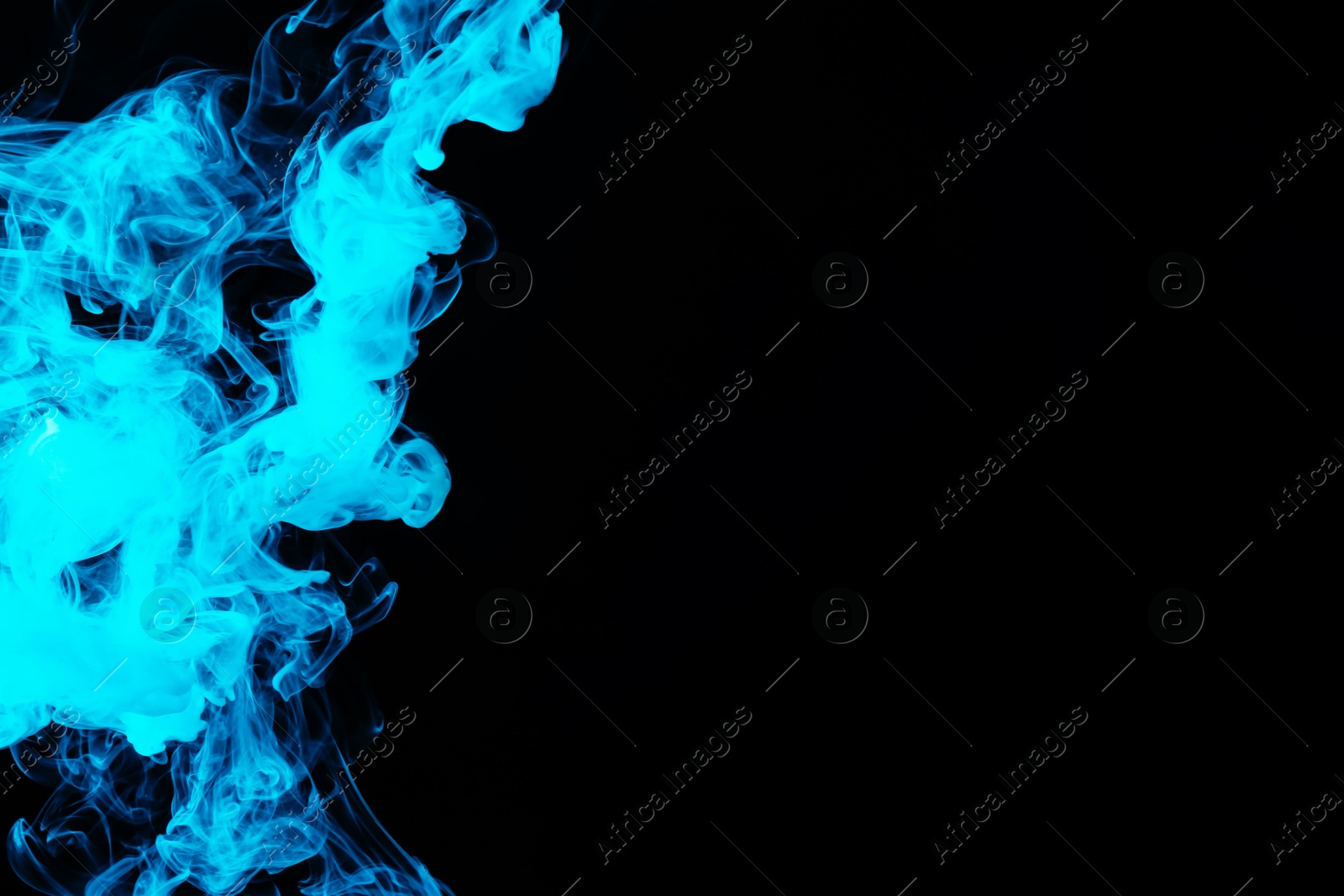 Photo of Hookah smoke in blue light on black background, closeup. Space for text