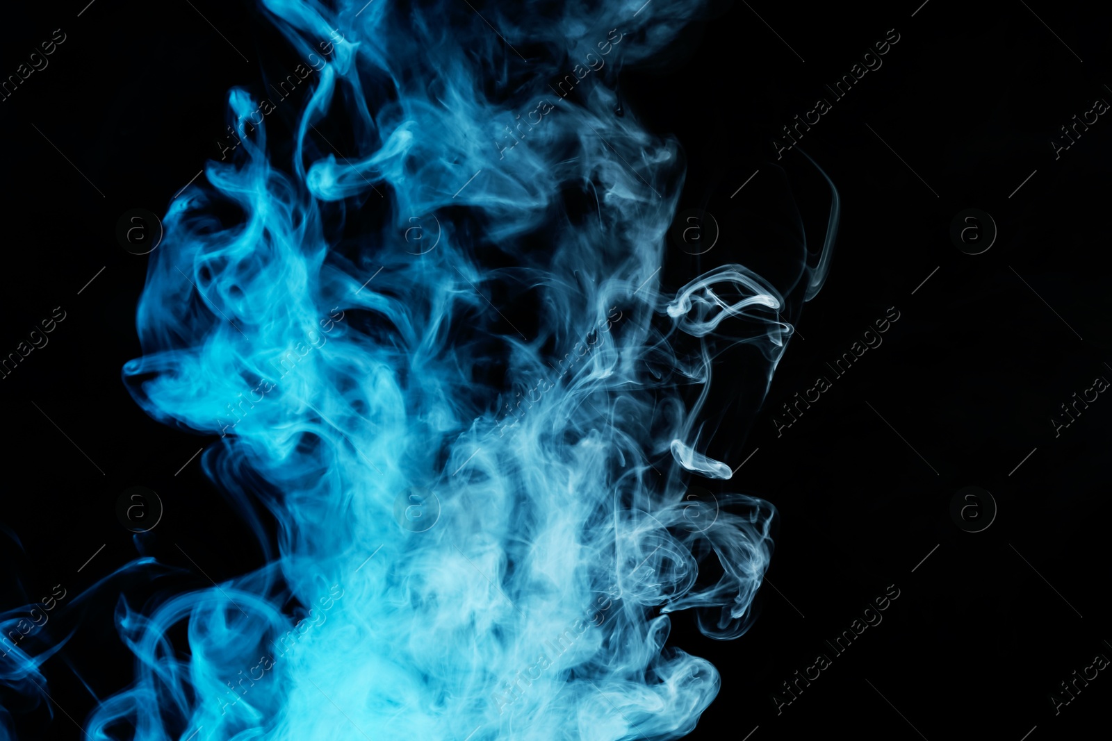 Hookah smoke in blue light on black background, closeup Photo of Hookah smoke in blue light on black background, closeup