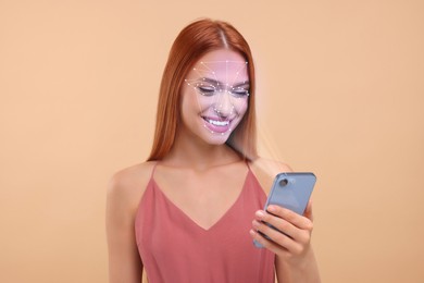 Image of Woman unlocking her smartphone with facial scanner against pale brown background. Biometric verification
