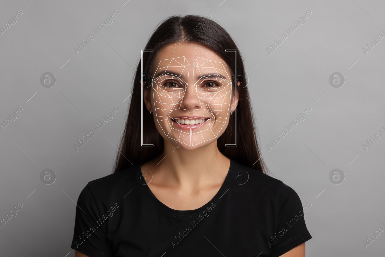 Facial recognition system. Scanning woman's face for authentication against light grey background Image of Facial recognition system. Scanning woman's face for authentication against light grey background