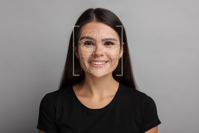Image of Facial recognition system. Scanning woman's face for authentication against light grey background
