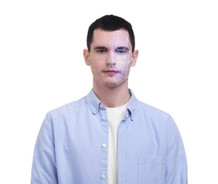 Image of Facial recognition system. Scanning man's face for authentication against white background