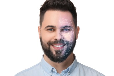 Image of Facial recognition system. Scanning man's face for authentication against white background