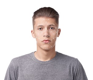 Image of Facial recognition system. Scanning man's face for authentication against white background