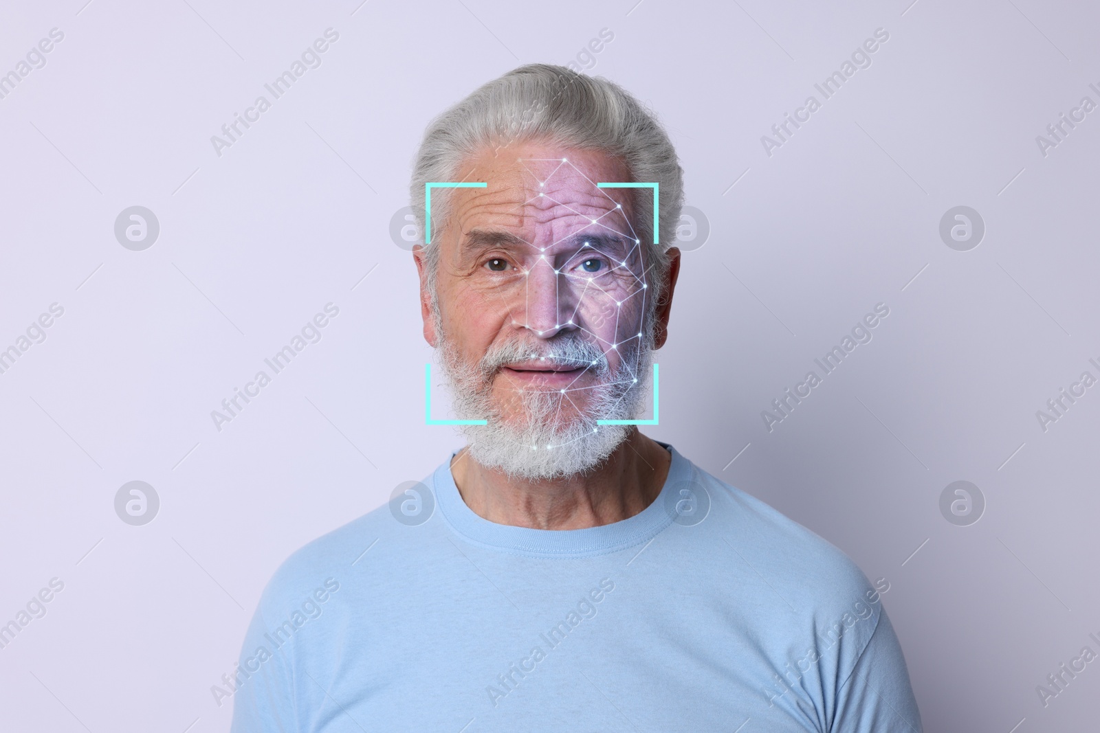 Facial recognition system. Scanning man's face for authentication against white background Image of Facial recognition system. Scanning man's face for authentication against white background