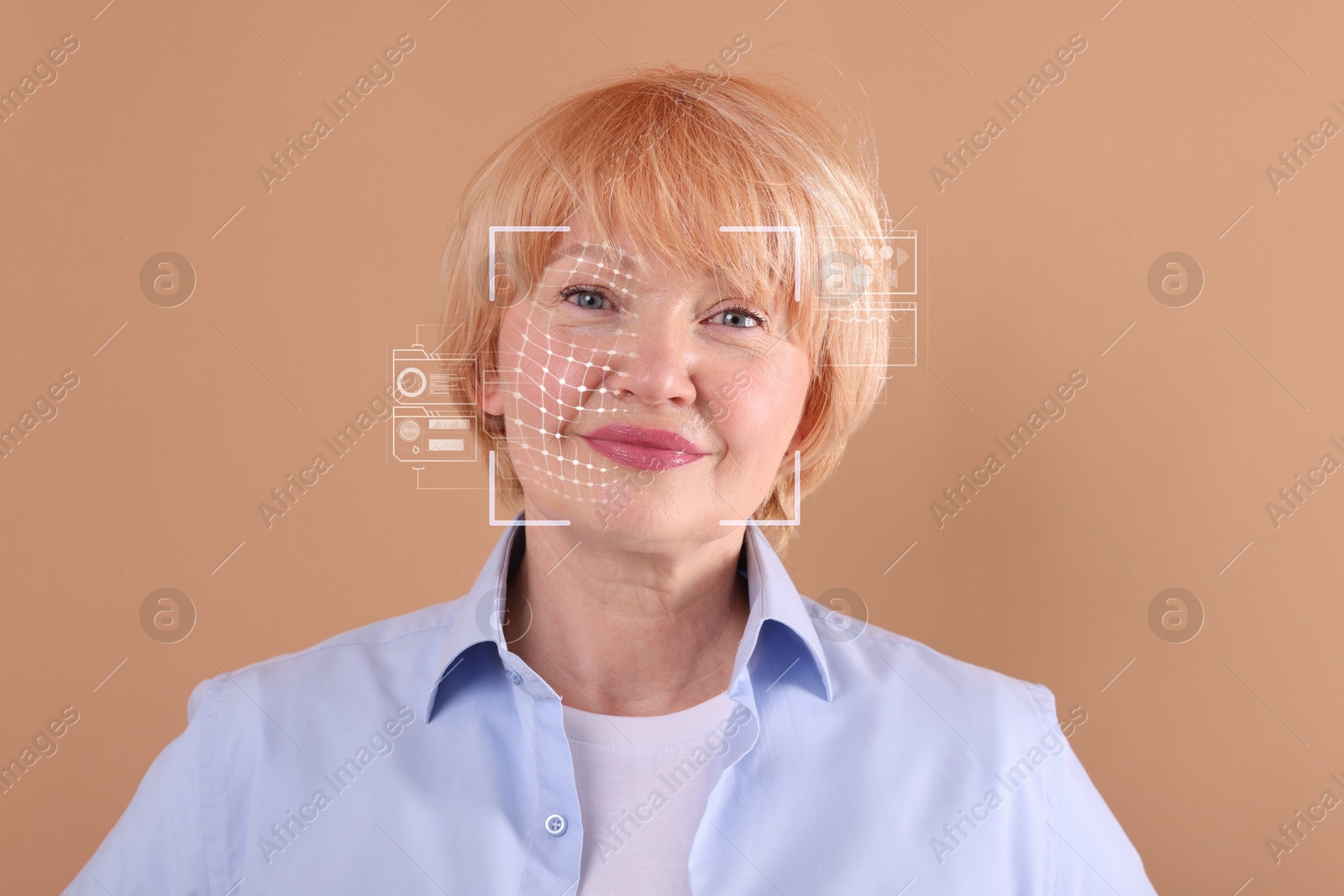 Facial recognition system. Scanning woman's face for authentication against pale brown background Image of Facial recognition system. Scanning woman's face for authentication against pale brown background
