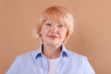 Image of Facial recognition system. Scanning woman's face for authentication against pale brown background